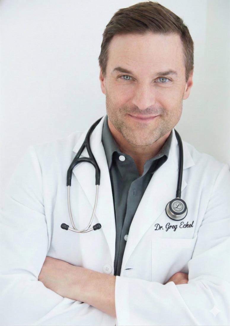 Dr. Greg Eckel, N.D., in a white lab coat with a stethoscope